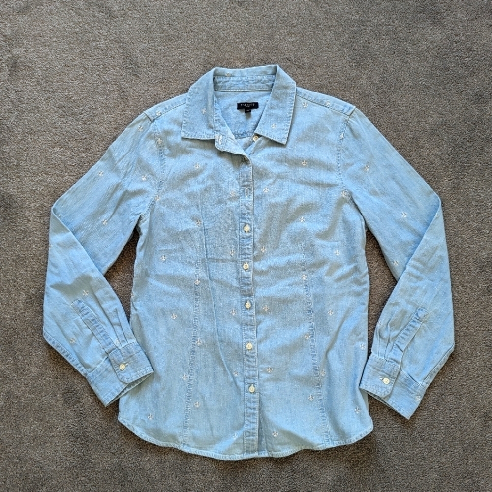 Talbots button down denim blouse shirt embroidered women's 10